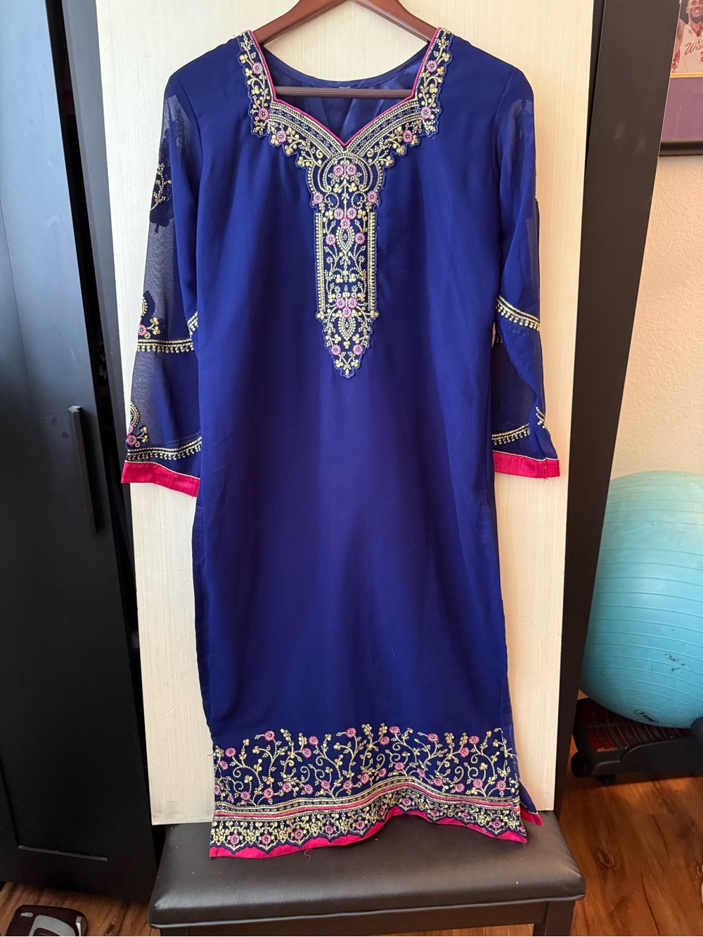 Embroidered Royal Blue Kurta with Pink Accents